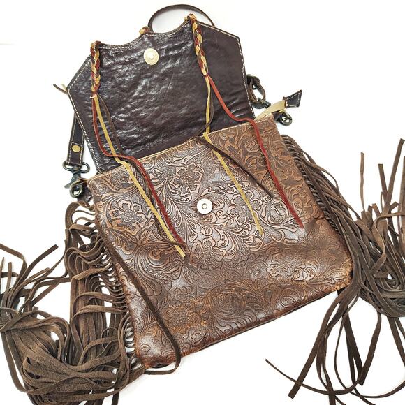 Myra Bag Aztec Motif Leather Fringe Purse Boho Western Brown Red Crossbody Bag - Picture 3 of 9